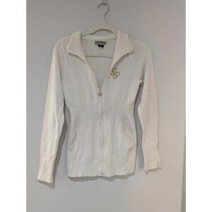Vtg Guess Full Zip Cardigan Sweater Women Small Cream Gold Logo SMALL HOLE
